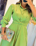 Turn down Collar Puff Sleeve Tied Detail Shirt Dress Casual Loose A Line Dress