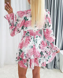 Floral Print Plunge V Neck Lantern Sleeve Mini Dress Casual A Line Flared Dress