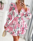 Floral Print Plunge V Neck Lantern Sleeve Mini Dress Casual A Line Flared Dress