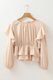 Oatmeal Lace-up Keyhole Back Ruffled Peplum Blouse