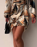 Marble Print Overlap V Neck Wrap Front Ruched Vacation Dress Casual Cinched Waist Zipper Back Mini Dress