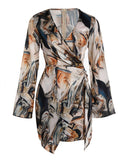 Marble Print Overlap V Neck Wrap Front Ruched Vacation Dress Casual Cinched Waist Zipper Back Mini Dress