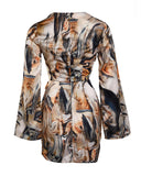 Marble Print Overlap V Neck Wrap Front Ruched Vacation Dress Casual Cinched Waist Zipper Back Mini Dress
