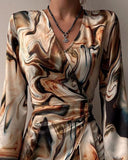 Marble Print Overlap V Neck Wrap Front Ruched Vacation Dress Casual Cinched Waist Zipper Back Mini Dress