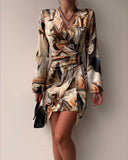 Marble Print Overlap V Neck Wrap Front Ruched Vacation Dress Casual Cinched Waist Zipper Back Mini Dress