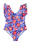 Blue Floral Print Ruffled V Neck High Waist One Piece Swimwear