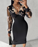 Sequin Floral Sheer Mesh Slit Work Dress