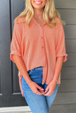 Grapefruit Orange Corded Half Sleeve Button Up High Low Hem Loose Shirt