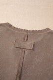 Coffee Acid Wash Waffle Knit Buttoned Neckline Long Sleeve Top