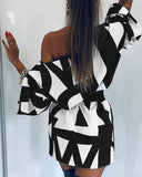 Cold Shoulder Bell Sleeve Abstract Print Dress