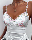 Floral Embroidery Plunge Bowknot Decor Drawstring Ruched Spaghetti Strap Tank Romantic Top