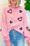 Pink Stripe Sequin Heart Patched Pattern Long Sleeve Valentines Top