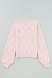 Gossamer Pink Openwork Plaid Puff Sleeve Cropped Sweater