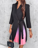 Ombre Lapel Neck Tied Waist Pleated Blazer Dress