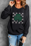 Black Rhinestone Checkerboard Clover Graphic St Patrick Sweatshirt