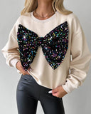 Round Neck Long Sleeve Contrast Sequin Bowknot Decor Sweatshirt