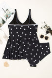 Black Polka Dot/Colorblock Trim V Neck Plus Size Swim Dress