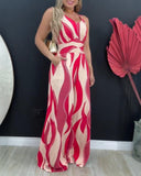 Geometric Print V Neck Sleeveless Shirred Overalls Casual Waist Wide Leg Jumpsuit