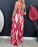 Geometric Print V Neck Sleeveless Shirred Overalls Casual Waist Wide Leg Jumpsuit