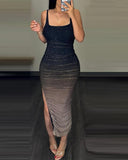 Ombre Rhinestone Decor Party Dress Ruched Side Slit Bodycon Slip Dress