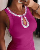 Sparkling Rhinestone Detail Keyhole Neck Bodycon Dress Slim Fit Mini Dress