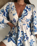 Floral Print Plunge V Neck Bell Sleeve Romper Casual Strechy Waist Button Design Jumpsuit