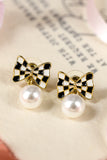 Black Checkered Bow Knot Pearl Pendant Stud Earrings