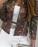 Sparkly Sequin Open Front Puff Sleeve Blazer Coat