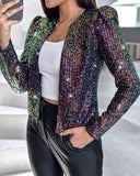 Sparkly Sequin Open Front Puff Sleeve Blazer Coat