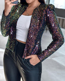 Sparkly Sequin Open Front Puff Sleeve Blazer Coat