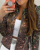Sparkly Sequin Open Front Puff Sleeve Blazer Coat