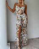 Leopard Print Halter Sleeveless Bodycon Dress Sexy Front Sit Chiffon Maxi Dress