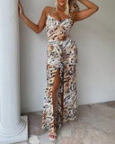 Leopard Print Halter Sleeveless Bodycon Dress Sexy Front Sit Chiffon Maxi Dress
