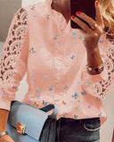 Lace Butterfly Print V Neck Long Sleeve Patchwork Casual Blouse