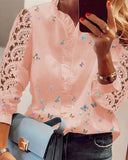 Lace Butterfly Print V Neck Long Sleeve Patchwork Casual Blouse