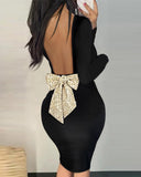 Sequin Bowknot Decor Backless Bodycon Dress