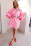 Bright Pink Balloon Sleeve Button Up Mini Shirt Dress