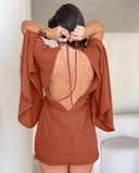 Round Neck Bell Sleeve Casual Backless Tied Detail Jumpsuit