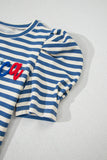 Blue Stripe America Cursive Graphic Puff Sleeve T-shirt