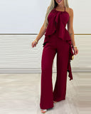2 Pieces Outfit Halter Asymmetrical Ruffles Hem Backless Top and Casual Wide Leg Pants Set