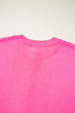 Bright Pink Distressed Hem Short Sleeve Knitted Button Front Sweater