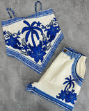 2 Pieces Outfit Floral Print Spaghetti Strap Bandeau Top and Casual Pocket Design Shorts Set