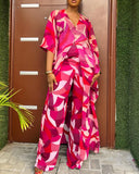 2 Pieces Outfit Colorblock Geometric Print Batwing Sleeve Cover Up and Casual Wide Leg Pants Set