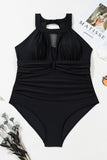 Black Halter Mesh Insert Knotted Back One Piece Plus Size Swimsuit