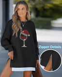 Christmas Rhinestone Wine Glass Pattern Casual Dress Zipper Design Crewneck Long Sleeve Sweatshirt