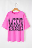 Bright Pink Checker MAMA Letter Printed Graphic Plus Size T Shirt