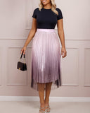 Ombre Sheer Mesh Patch A Line Pleated Glitter Skirt