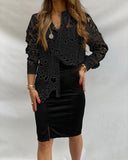 Stand Collar Button Front Floral Hollow out Blouse Casual Asymmetrical Hem Satin Patchwork Top