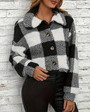 Plaid Pattern Turn down Collar Button Front Teddy Coat