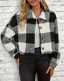 Plaid Pattern Turn down Collar Button Front Teddy Coat